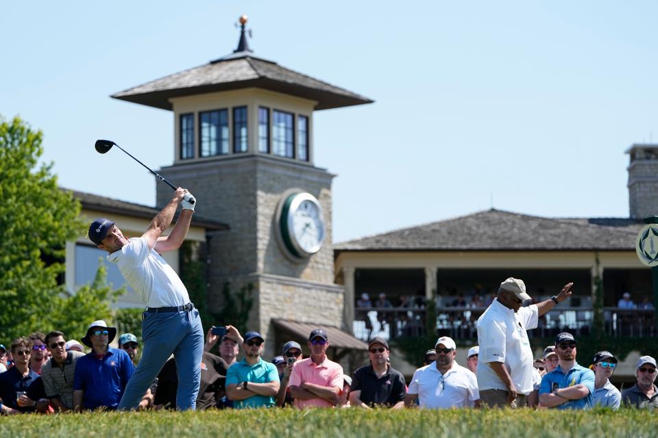 June 4, 2023; Dublin, Ohio, USA;  Denny McCarthy tees off from 10 during the final round of the Memorial Tournament at Muirfield Village Golf Club. 