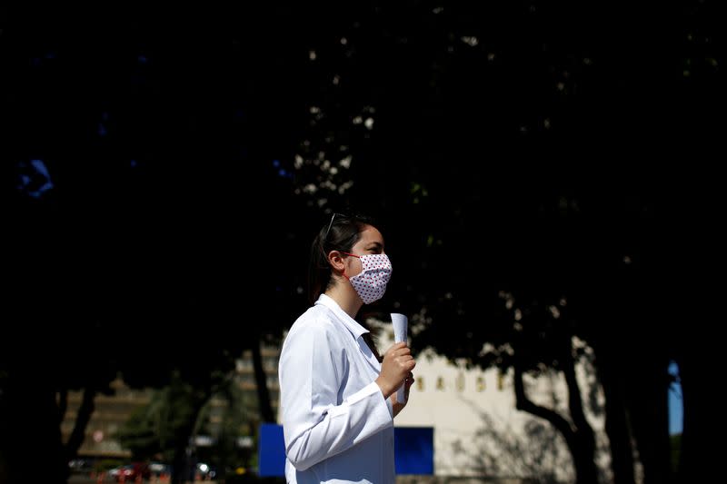 Resident doctors protest against the lack of salaries' payment in front of the Ministry of Health, amid the coronavirus disease (COVID-19) outbreak, in Brasilia