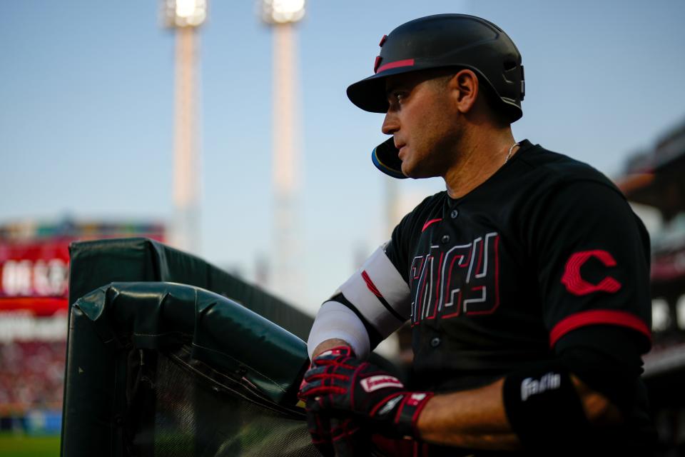 Reds first baseman Joey Votto waits to bat in the third inning against the Toronto Blue Jays at Great American Ball Park on Aug. 18, 2023.