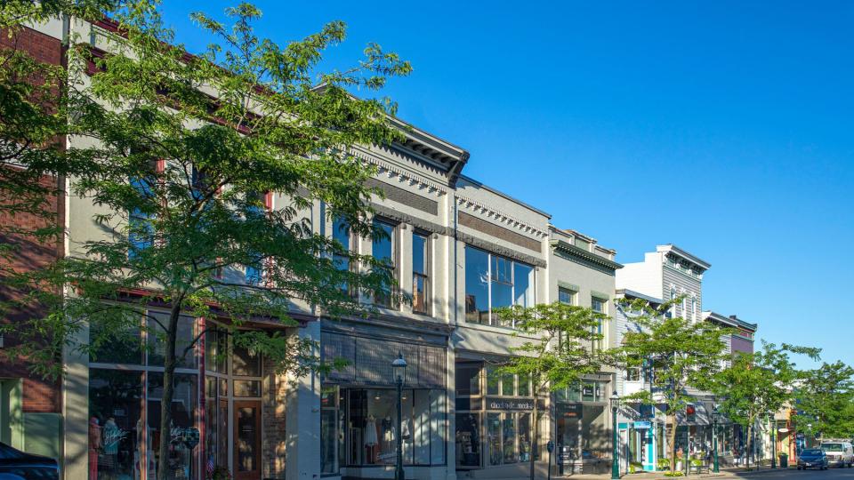 Buildings of down town Petoskey Michigan a quaint tourist town located on the shores of Lake Michigan.