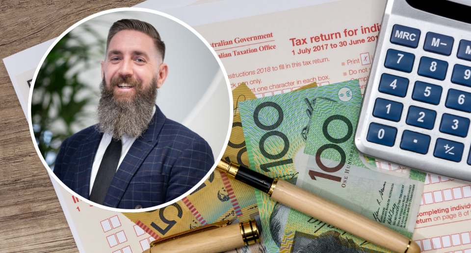 Insert of ATO Assistant Commissioner Rob Thomson next to Australian money, calculator and tax return