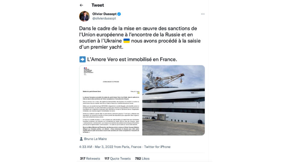 Olivier Dussopt Tweet Announcing Seizure of L’Amore Vero - Credit: Courtesy Twitter