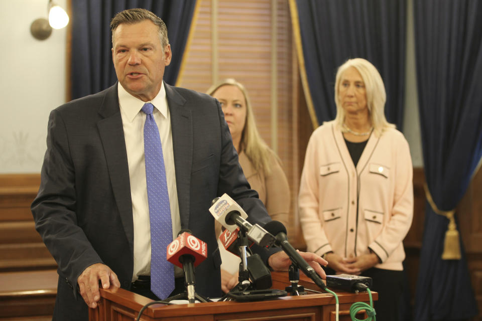 Kansas Attorney General Kris Kobach speaks during a news conference during which he declares that a new state law prevents transgender people from changing their birth certificates and driver's licenses to reflect their gender identities, Monday, June 26, 2023, at the Statehouse in Topeka, Kans. The state saw an increase of more than 300% this year in the number of people seeking to change the gender markers on those documents. (AP Photo/John Hanna)