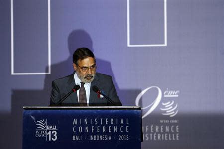 India's trade minister Anand Sharma speaks during a plenary session of the ninth World Trade Organization (WTO) Ministerial Conference in Nusa Dua, on the Indonesian resort island of Bali December 4, 2013. REUTERS/Edgar Su