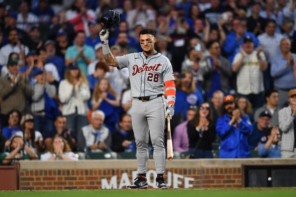 Detroit Tigers shortstop Javier Baez reacts to his standing ovation for his first game back at Wrigley Field during the second inning in a game on Tuesday, Aug. 20, 2024, in Chicago.