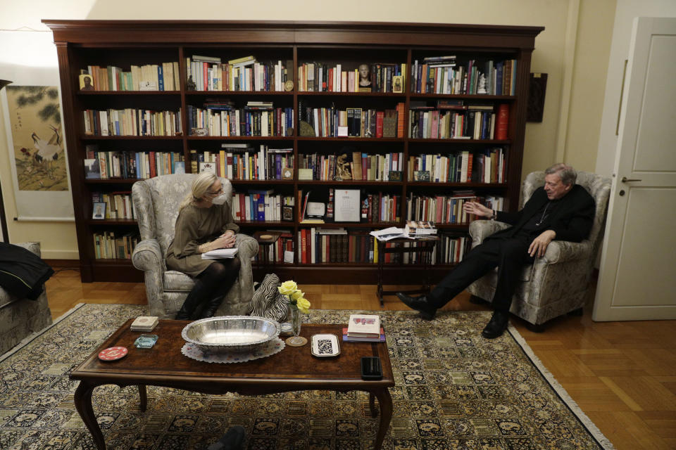 Cardinal George Pell answers a question during an interview with the Associated Press inside his residence near the Vatican in Rome, Monday, Nov. 30, 2020. The pope’s former treasurer, who was convicted and then acquitted of sexual abuse in his native Australia, said Monday he feels a dismayed sense of vindication as the financial mismanagement he tried to uncover in the Holy See is now being exposed in a spiraling Vatican corruption investigation. (AP Photo/Gregorio Borgia)