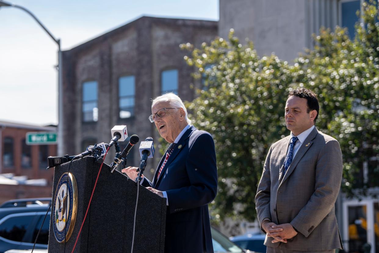U.S. Congressman Bill Pascrell, Jr. speaks during a press conference as Paterson Mayor André Sayegh watches in Paterson, NJ on Thursday, August 31, 2023 to detail new federal efforts to combat mail theft.