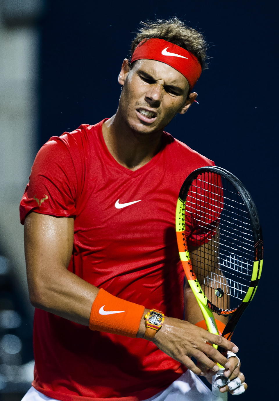 Rafael Nadal, of Spain, reacts during his match against Marin Cilic, of Croatia, during the Rogers Cup men’s tennis tournament in Toronto, Friday, Aug. 10, 2018. (Nathan Denette/The Canadian Press via AP)