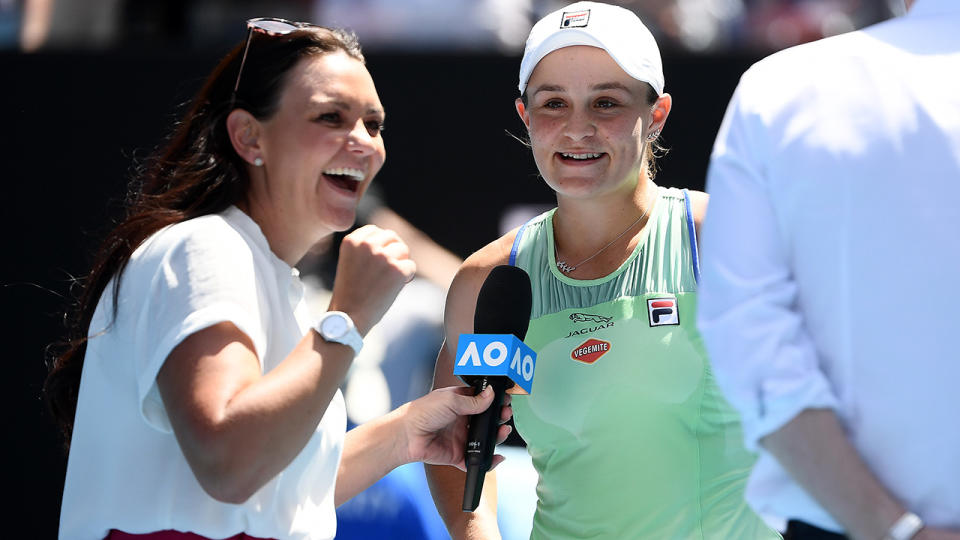 Ash Barty and Casey Dellacqua, pictured here at the Australian Open in 2020.