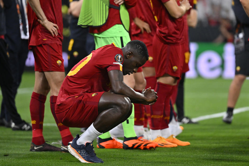 Roma's Georginio Wijnaldum reacts at the end of the Europa League final soccer match between Sevilla and Roma, at the Puskas Arena in Budapest, Hungary, Wednesday, May 31, 2023. (AP Photo/Denes Erdos)