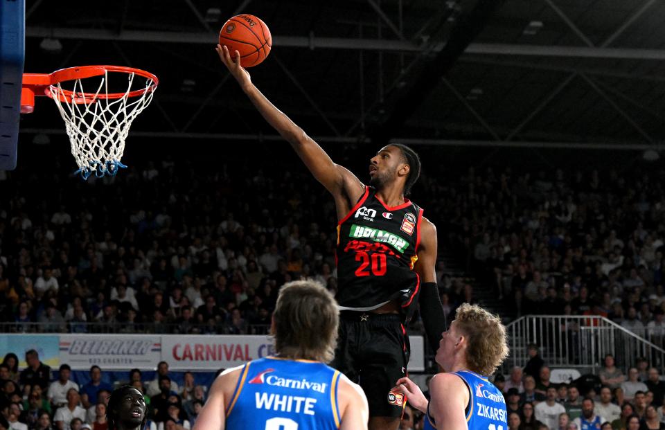 Perth Wildcats' Alexandre Sarr drives to the basket during an NBL match vs. the Brisbane Bullets on Nov. 18, 2023, in Brisbane, Australia.