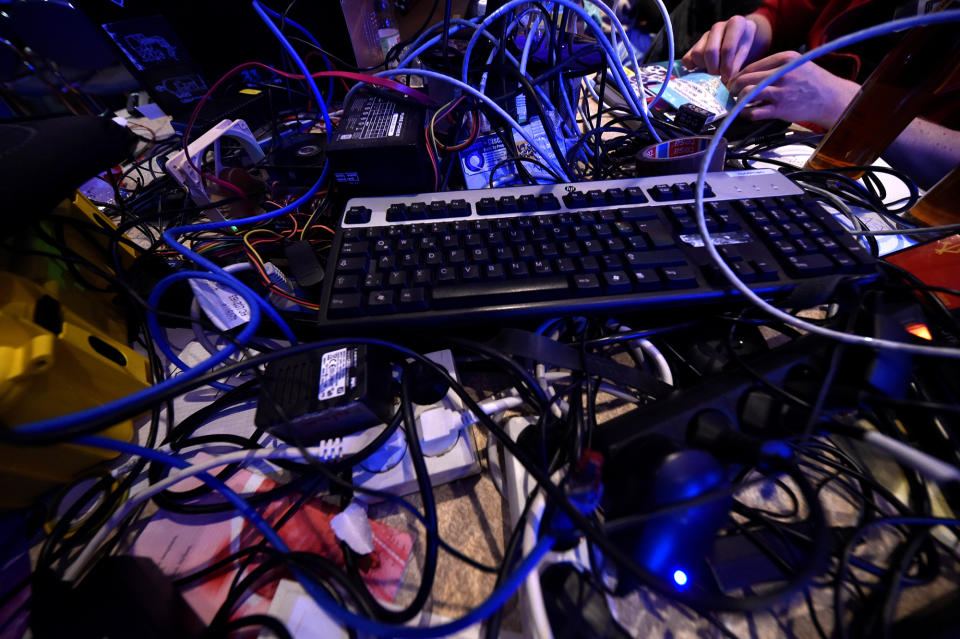 A worktable at the Chaos Communication congress in Hamburg, Germany