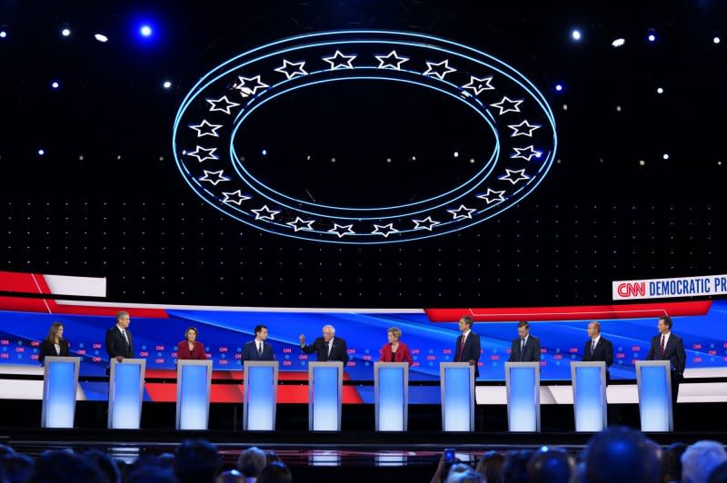 Democratic presidential candidates participate in the first day of the CNN Democratic Presidential Debate at the Fox Theater in Detroit on Tuesday, July 30, 2019. Marianne Williamson ended her long shot campaign Wednesday. Photo by Edward M. PioRoda/CNN/UPI