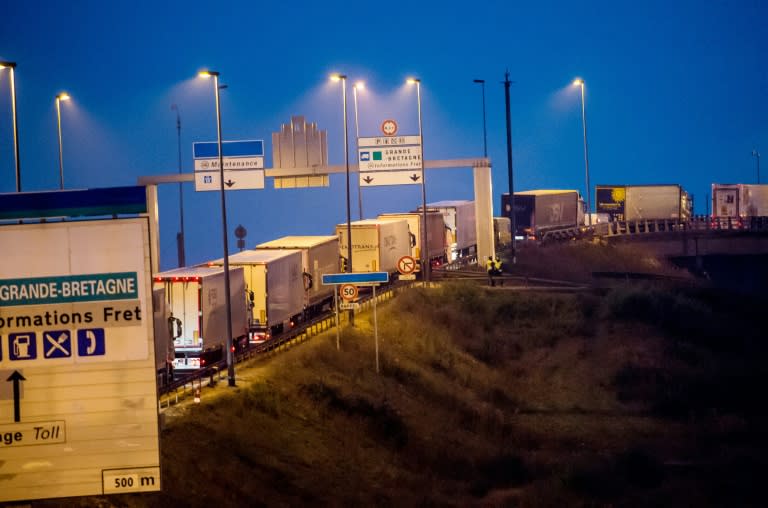 Trucks are blocked on a highway near the Eurotunnel site in Coquelles, northern France, on October 3, 2015