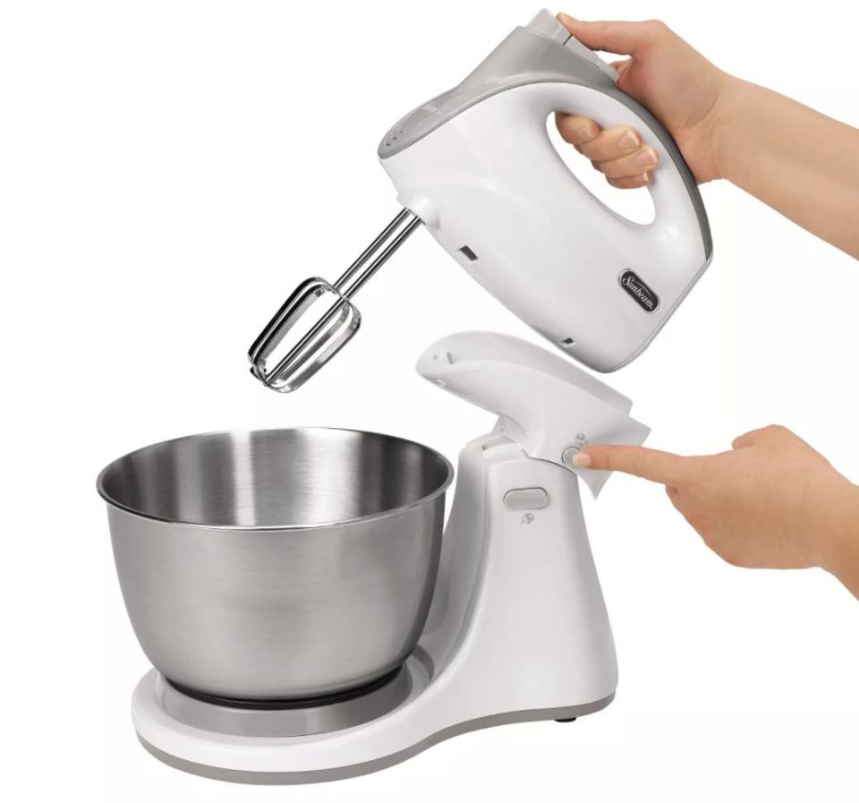 If you're a beginner baker and looking for a mixer that's not messy or fussy, this one from Sunbeam converts from a stand mixer to a hand mixer in just a touch. It has five speeds for recipes that don't have too many steps. <a href="https://fave.co/2Uxr0dN" target="_blank" rel="noopener noreferrer">Find it in white for $30 and in black for $60 at Target</a>.