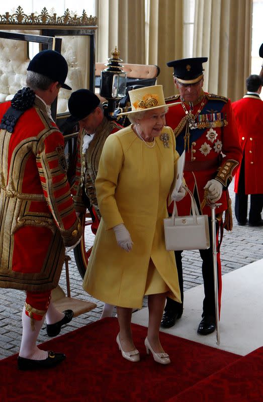 FILE PHOTO: Britain's Queen Elizabeth arrives at Buckingham Palace after the wedding ceremony of Britain's Prince William and Catherine, Duchess of Cambridge, in central London