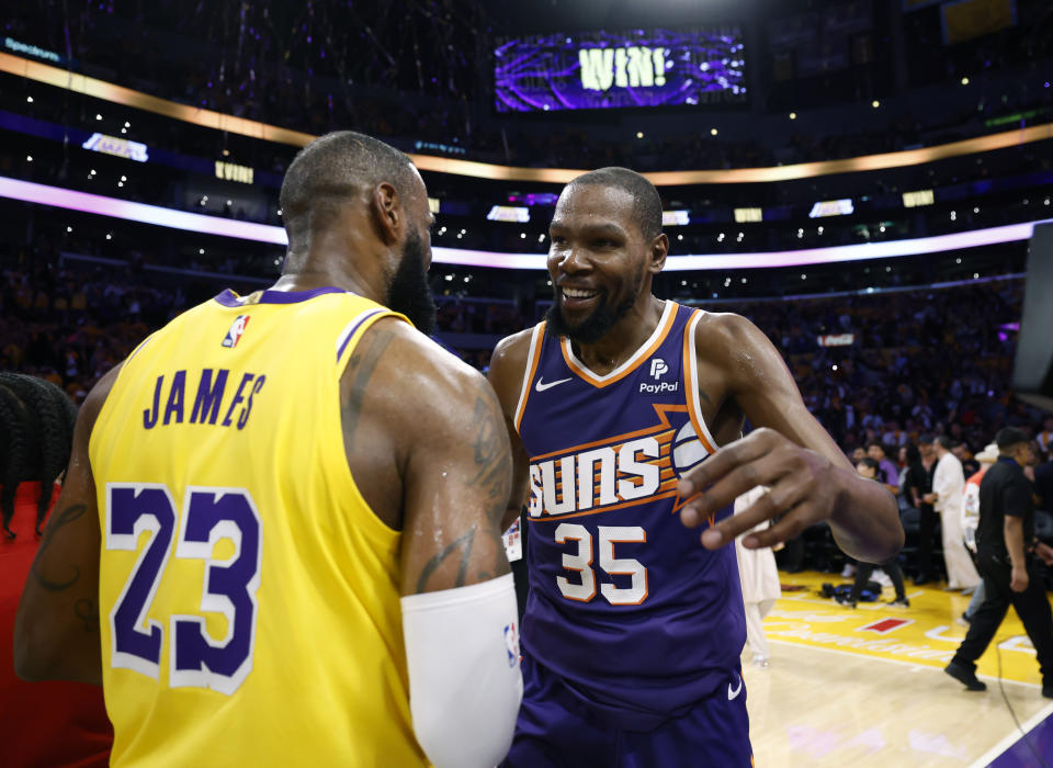 LeBron James and the Los Angeles Lakers pulled off a come-from-behind victory over Kevin Durant and the Phoenix Suns at Crypto.com Arena in Los Angeles on Thursday.  (Photo by Kevork Djansezian/Getty Images)