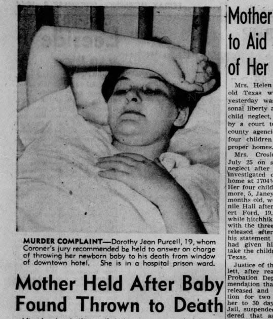 Newspaper clipping showing Dorothy with her hand on her head laying in bed with the headline "mother held after baby found thrown to death."