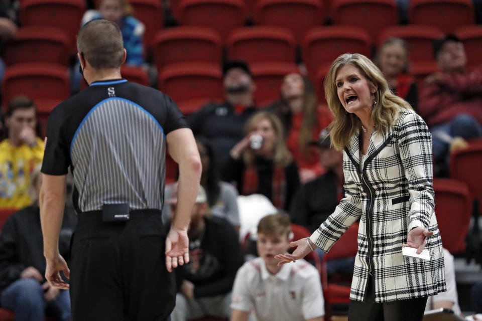 Texas Tech coach Krista Gerlich argues a call with referee Doug Knight during the first half of an NCAA college basketball game against Baylor on Wednesday, Jan. 26, 2022, in Lubbock, Texas. (AP Photo/Brad Tollefson)