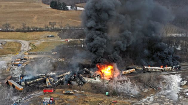 This photo taken with a drone shows portions of a Norfolk Southern freight train that derailed Friday night in East Palestine, Ohio, are still on fire at mid-day Saturday, Feb. 4.