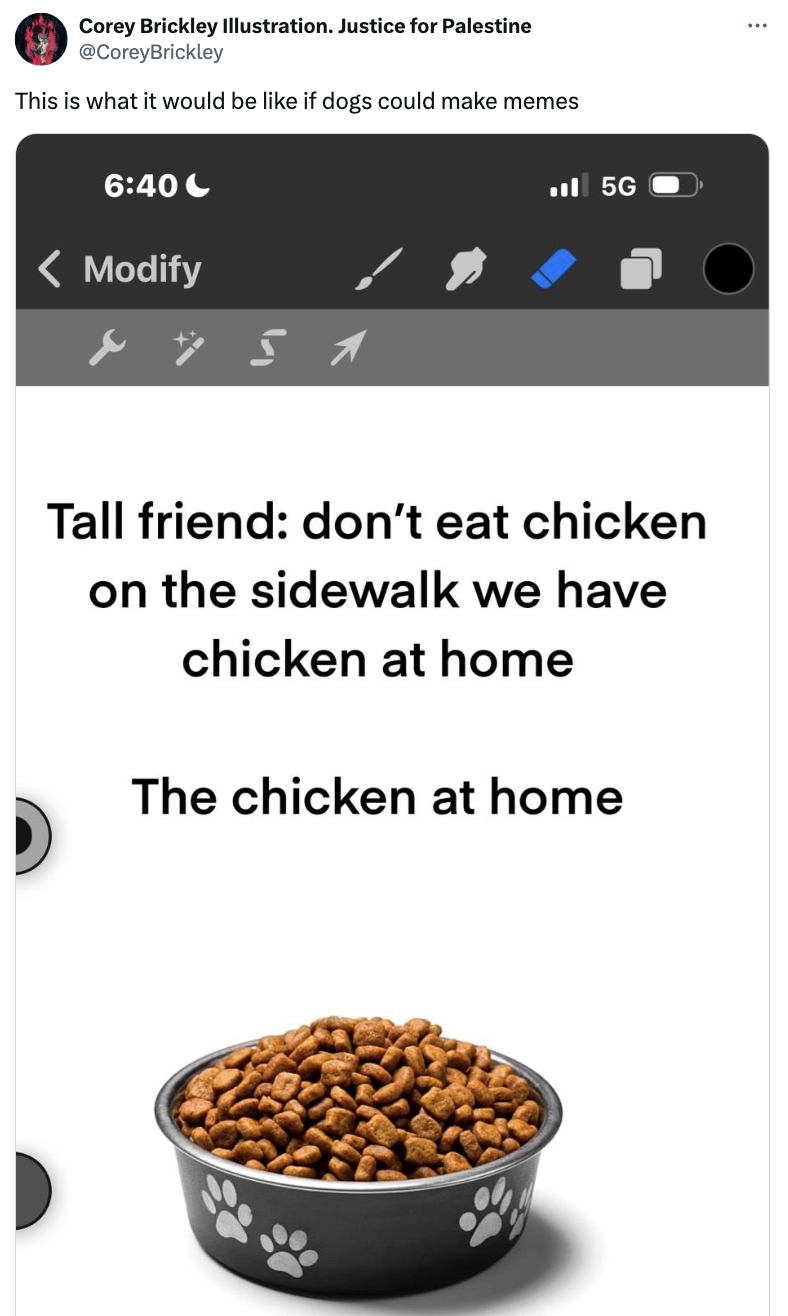 A meme features an iPhone message saying, "Tall friend: don’t eat chicken on the sidewalk we have chicken at home," followed by an image of a bowl of dog kibble labeled, "The chicken at home."