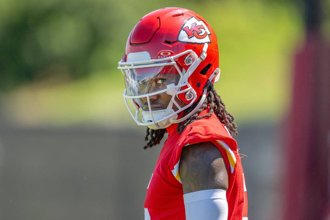 Kansas City Chiefs wide receiver Hollywood Brown (5) attends the second day of mandatory minicamp practice at the Chiefs training complex on Wednesday, June 12, 2024, in Kansas City.