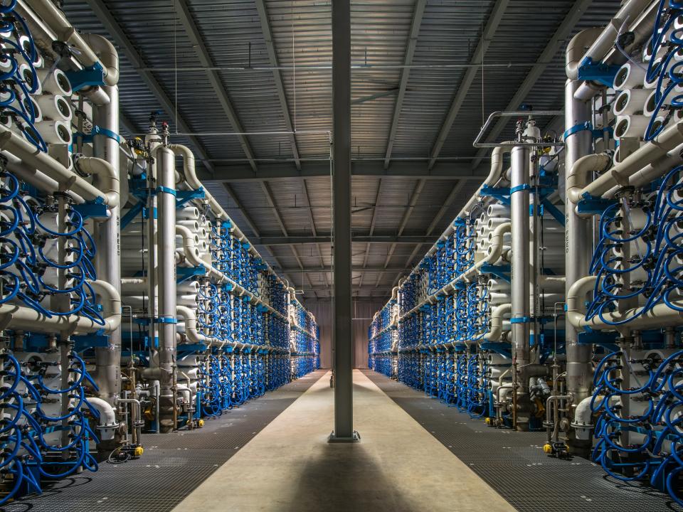 A photograph of the rows and rows of reverse osmosis machines at the Carlsbad plant.
