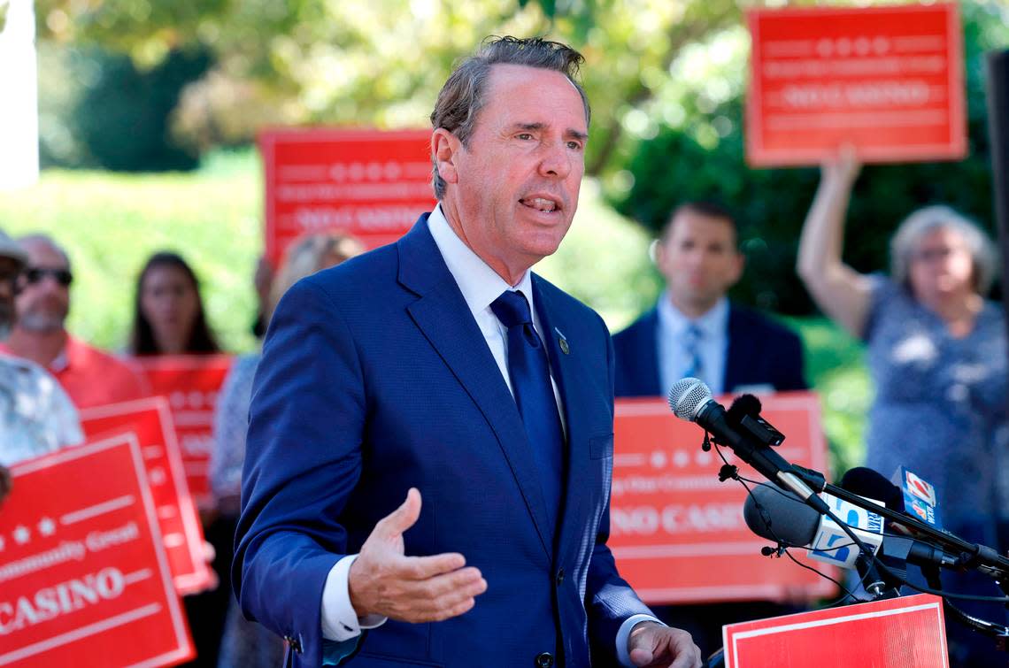 Mark Walker speaks during a press conference outside the N.C. Legislative building Tuesday, Sept. 5, 2023. A group of local residents from Rockingham and Nash counties, two of the four counties that could host new casinos if the Republican proposal advances this session, spoke out against the plan during a press conference outside the Legislative Building, just hours before the House Republican Caucus planned to meet to discuss the idea.