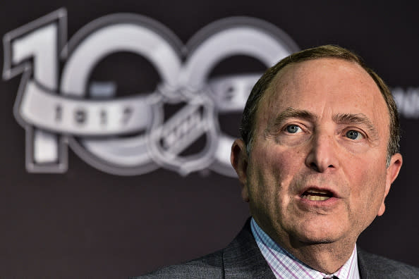 TORONTO, ON - SEPTEMBER 27: NHL Commissioner Gary Bettman unveils the League's Centennial celebration plans for 2017 during a press conference at the World Cup of Hockey 2016 at Air Canada Centre on September 27, 2016 in Toronto, Ontario, Canada. (Photo by Minas Panagiotakis/Getty Images)