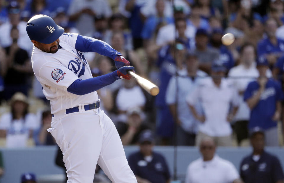 Los Angeles Dodgers' Matt Kemp drives in two runs with a double during the ninth inning of a baseball game against the Arizona Diamondbacks on Sunday, Sept. 2, 2018, in Los Angeles, giving the Dodgers a 3-2 win. (AP Photo/Marcio Jose Sanchez)