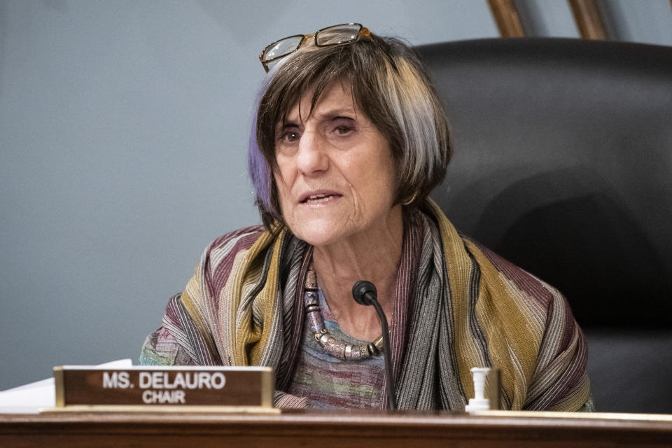 FILE - In this Jan. 4, 2020, file photo Rep. Rosa DeLauro, D-Conn., speaks during a hearing on Capitol Hill in Washington. A bipartisan proposal in the U.S. House would ban the farming of mink fur in the United States in an effort to stem possible mutations of the coronavirus, something researchers have said can be accelerated when the virus spreads among animals. The bill introduced this week is an effort from Reps. Rosa DeLauro, D-Conn., and Nancy Mace, R-S.C. It would prohibit the import, export, transport, sale or purchase of mink in the United States. (Al Drago/Pool Photo via AP, File)