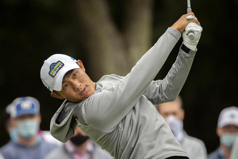 Collin Morikawa drives his ball off the ninth tee during the second round of the RBC Heritage golf tournament in Hilton Head Island, S.C., Friday, April 16, 2021. (AP Photo/Stephen B. Morton)