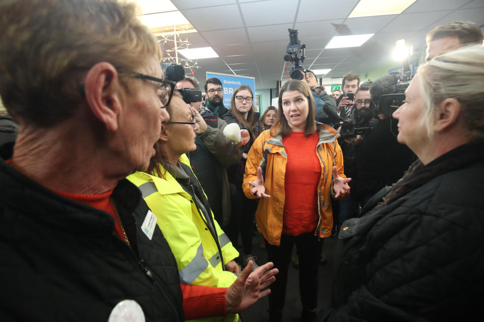 Liberal Democrats leader Jo Swinson during a visit to Stainforth in South Yorkshire to meet people affected by flooding.