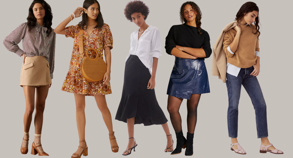 anthropologie models in skirts, blouses, jeans and sweaters, anthropologie fall collection