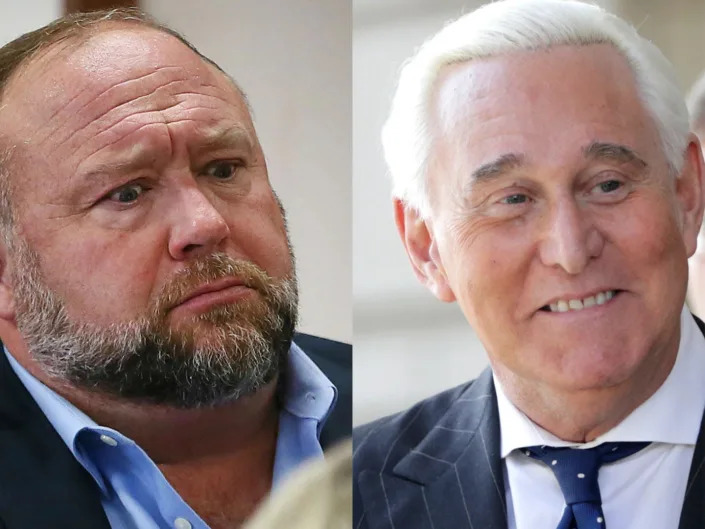 Left, Infowars founder and right wing conspiracy theorist Alex Jones. Right, Donald Trump advisor Roger Stone