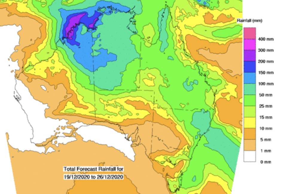 A weather map of Australia showing the total forecast rainfall from December 19 to December 26.