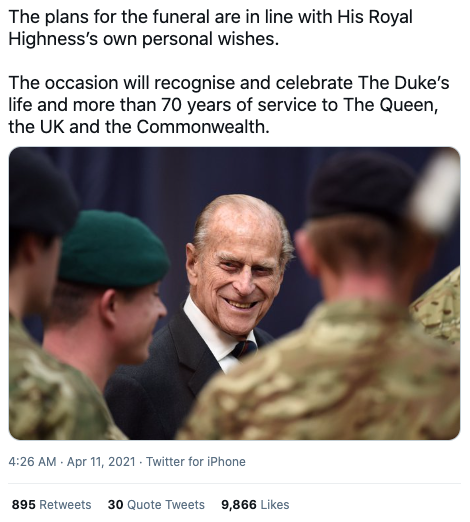 A tweet by @RoyalFamily containing details of Prince Philip's funeral.