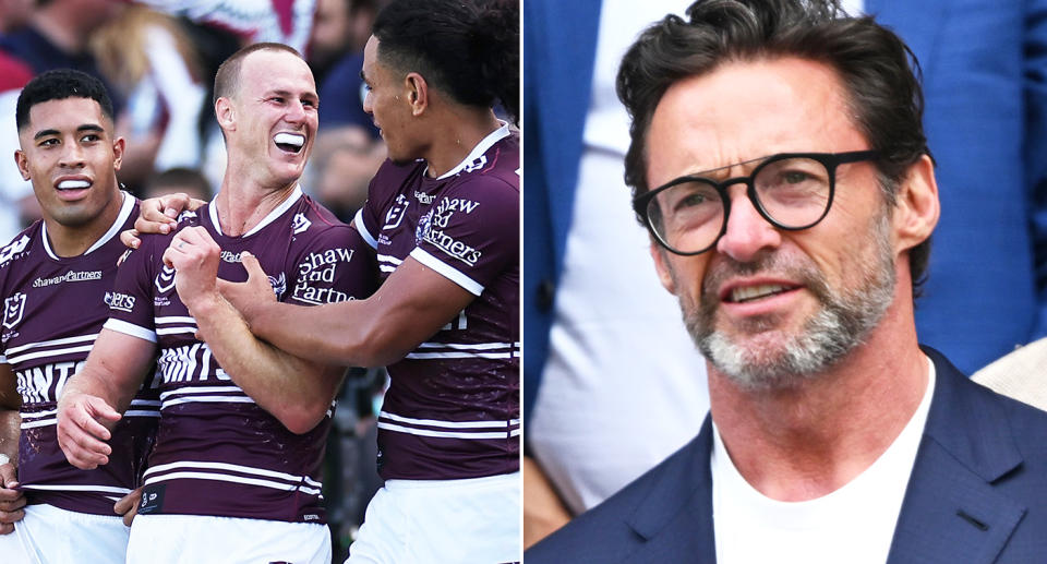 Pictured left Manly Sea Eagles celebrate a try and right Hugh Jackman