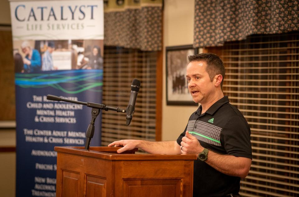 1998 Clear Fork grad and News Journal All-Star Classic Alum Scott Sellers addresses the 44th News Journal All-Star Classic Banquet crowd on Thursday at Der Dutchman in Bellville.