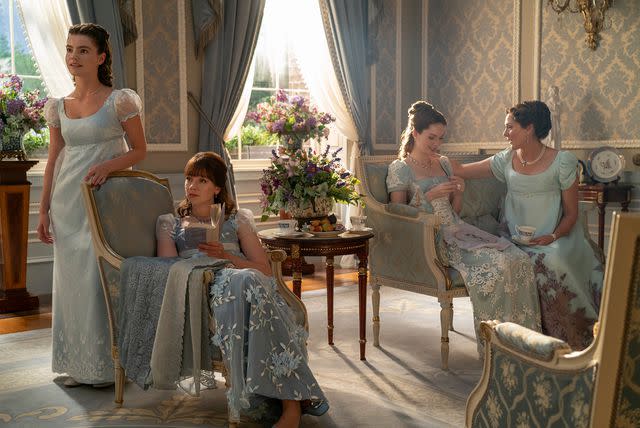 <p>Liam Daniel/Netflix</p> Florence Hunt as Hyacinth Bridgerton, Claudia Jessie as Eloise Bridgerton, Hannah Dodd as Francesca Bridgerton, and Ruth Gemmell as Lady Violet Bridgerton in Season 3 of 'Bridgerton'.