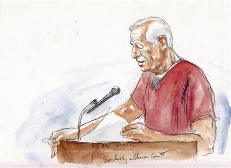 Former Pennsylvania State University football coach Jerry Sandusky addresses the court in this courtroom sketch during his sentencing hearing in Bellefonte, Pennsylvania October 9, 2012. REUTERS/Art Lien