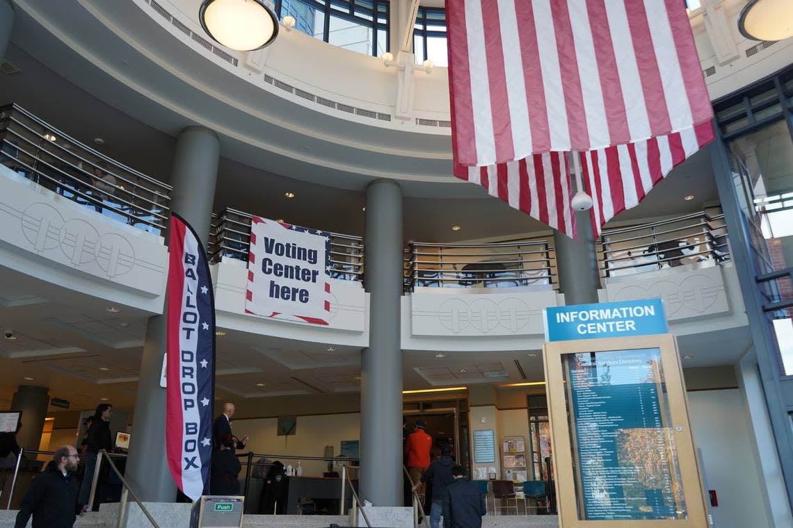 A voting center and official ballot drop box are set up inside the Whatcom County Courthouse on Election Day, Tuesday, Nov. 8, in Bellingham.