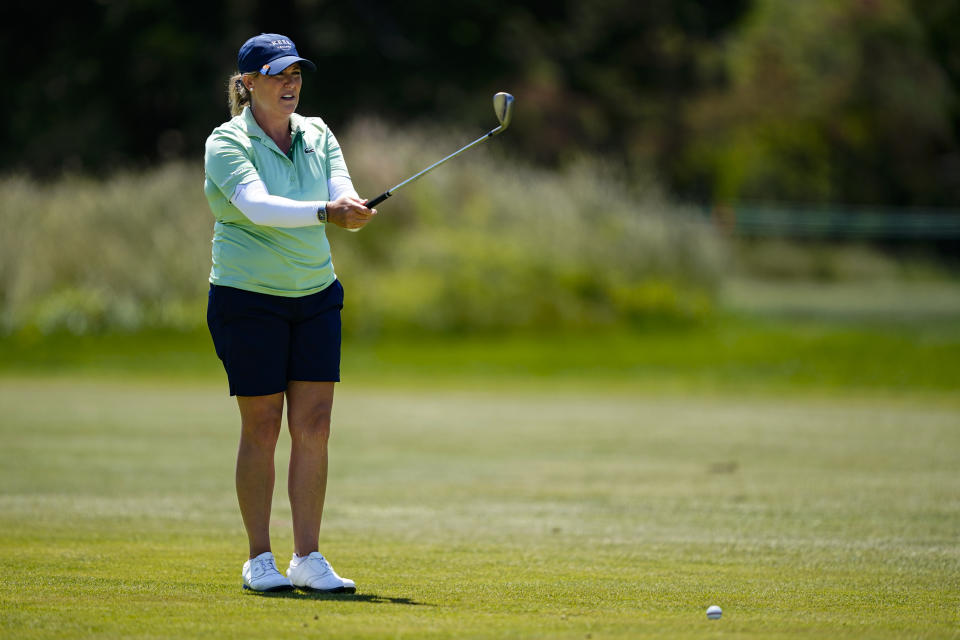 Cristie Kerr lines up her second shot on the third hole during the first round of the ShopRite LPGA Classic golf tournament, Friday, June 10, 2022, in Galloway, N.J. (AP Photo/Matt Rourke)