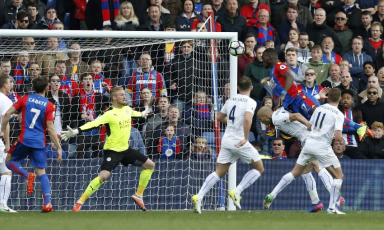 Crystal Palace's Christian Benteke scores their second goal against Leicester City at Selhurst Park in south London on April 15, 2017