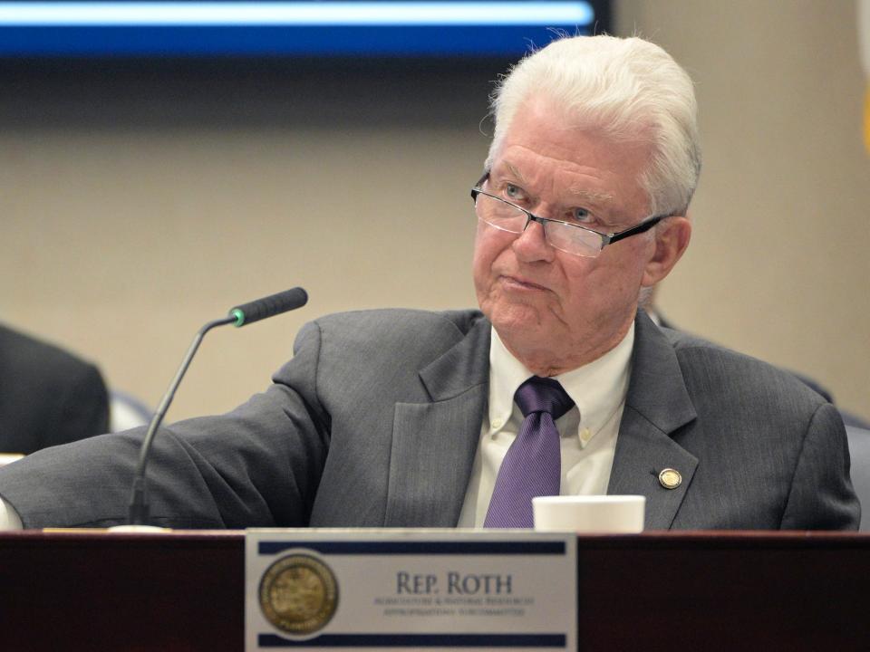 Florida Rep. Rick Roth, front, listens during an Agriculture and Natural Resources Appropriations Subcommittee hearing during a legislative session.