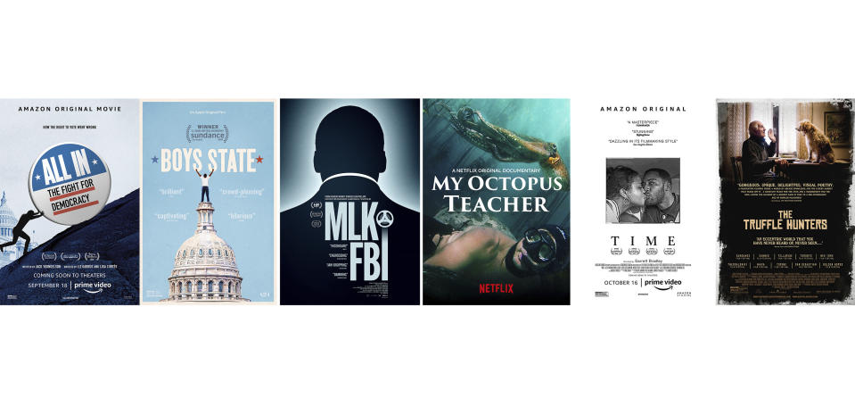 This combination of photos shows poster art for documentaries, from left, "All In: The Fight for Democracy," "Boys State," "MLK/FBI," "My Octopus Teacher," "Time" and "The Truffle Hunters," which are among the 15 films advancing in the Documentary Feature category for the 93rd Academy Awards. (Amazon/Apple TV+/IFC Films/Netflix/Amazon/Sony Pictures Classics via AP)
