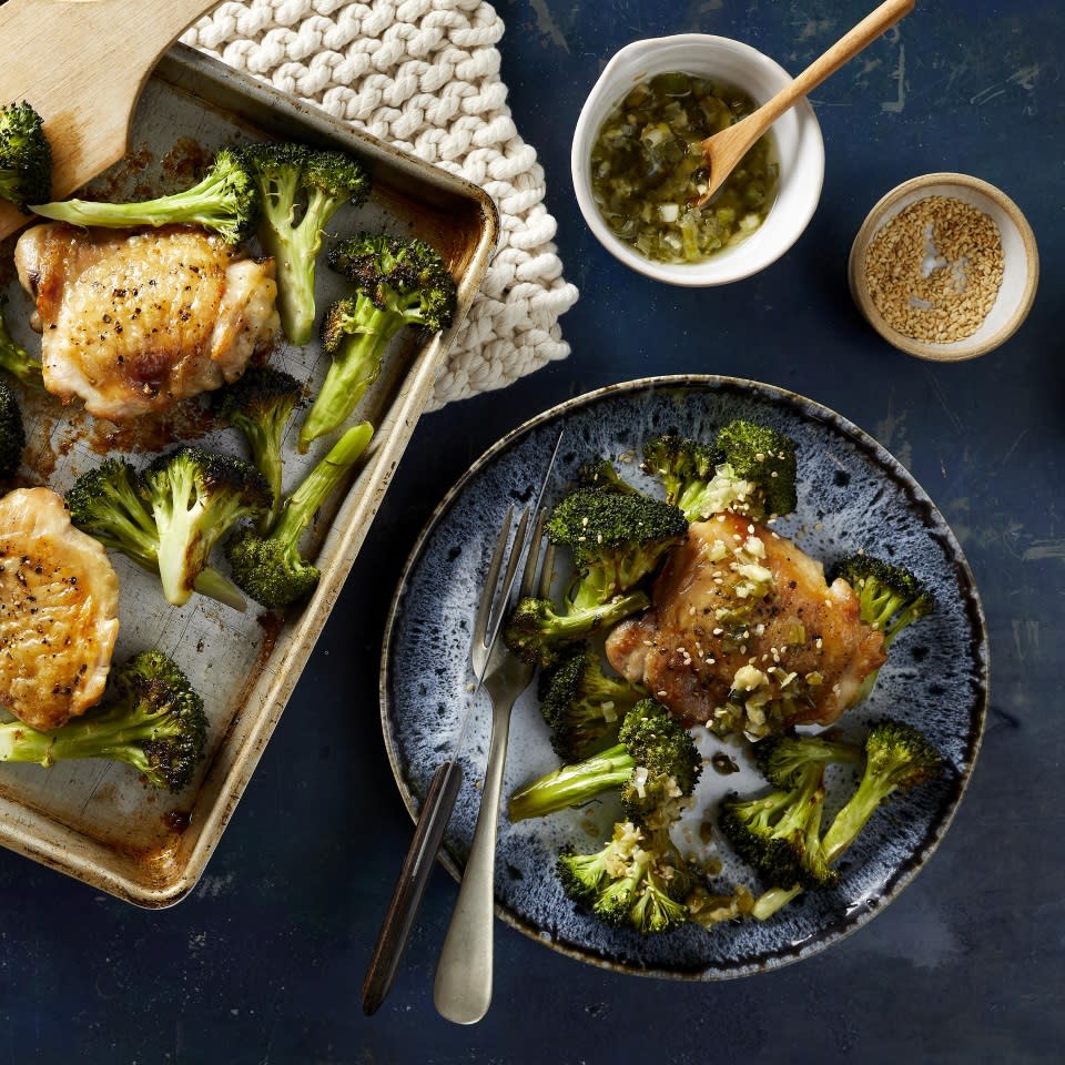 Sheet-Pan Sesame Chicken & Broccoli with Scallion-Ginger Sauce