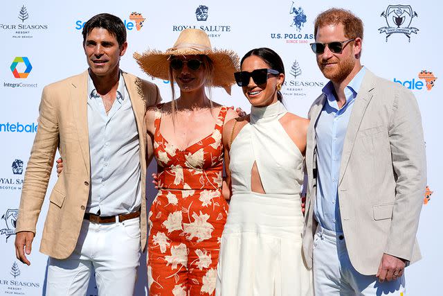 <p>Rebecca Blackwell/AP</p> From left: Nacho Figueras, Delfina Blaquier, Meghan Markle and Prince Harry attend the Royal Salute Polo Challenge on April 12, 2024