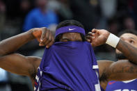 TCU forward Emanuel Miller reacts as time runs out in the second half of a second-round college basketball game against Gonzaga in the men's NCAA tournament Saturday, March 19, 2023, in Denver. (AP Photo/John Leyba)