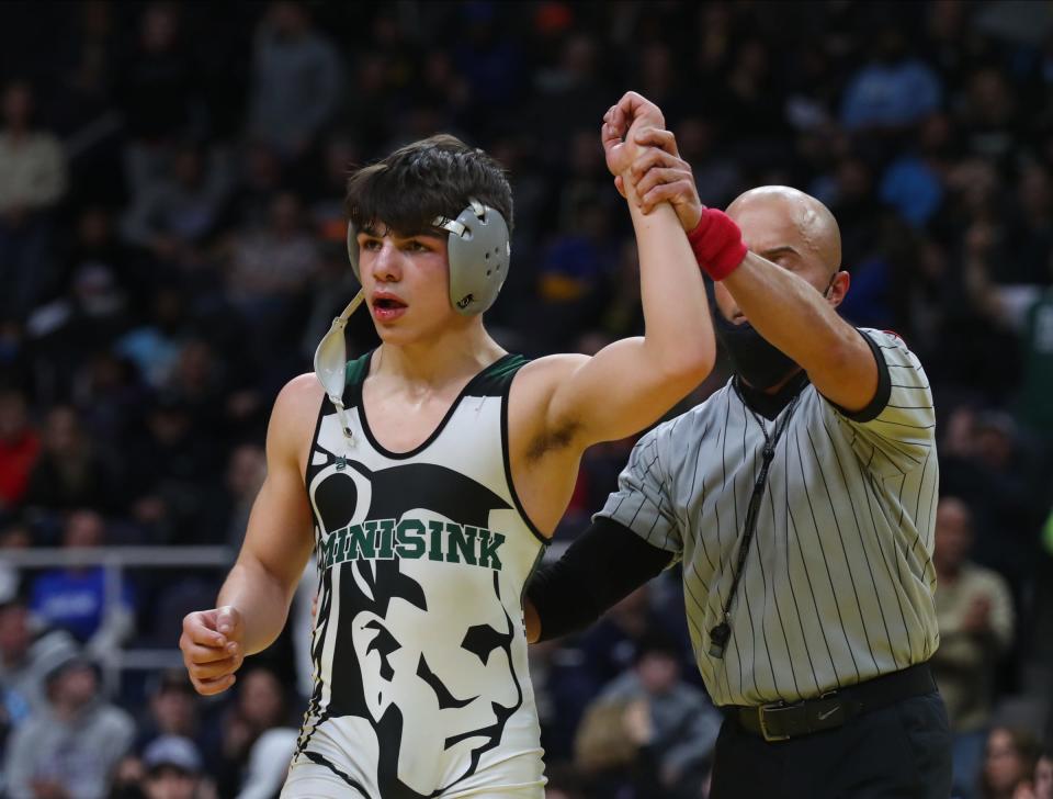 Minisink Valley's PJ Duke defeats Ithaca's George Oroudjov in the 138-pound final championship match at the NYSPHSAA state wrestling championships at the MVP Arena in Albany on Saturday, February 26, 2022. 